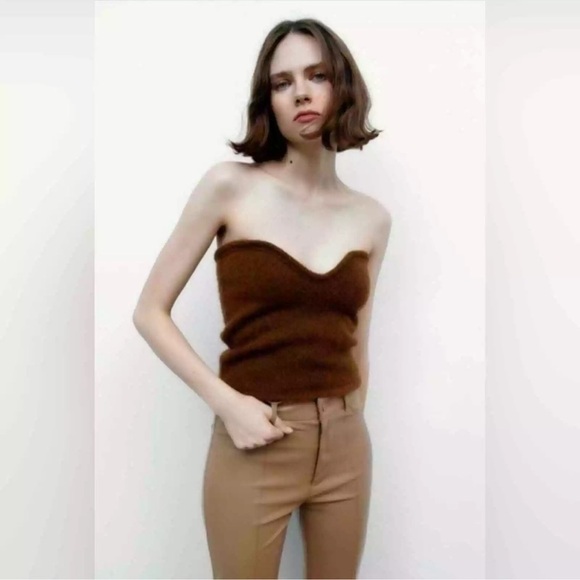 Zara Top Womens Large Brown Knit Strapless Wool Alpaca Blend Sweetheart Neck New - Picture 2 of 9